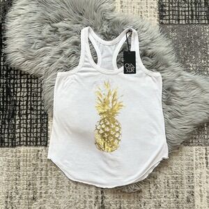 CHASER Women's White Tank With Gold Designed Pineapple SZ Large $64